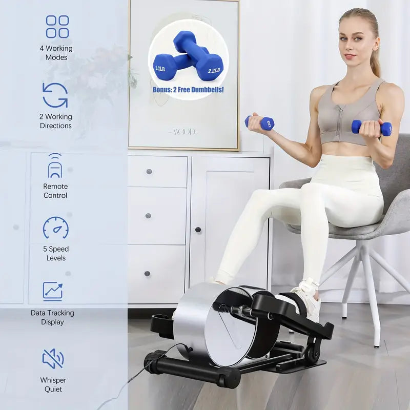 Seated elliptical trainer with remote control, speed settings, and bonus dumbbells