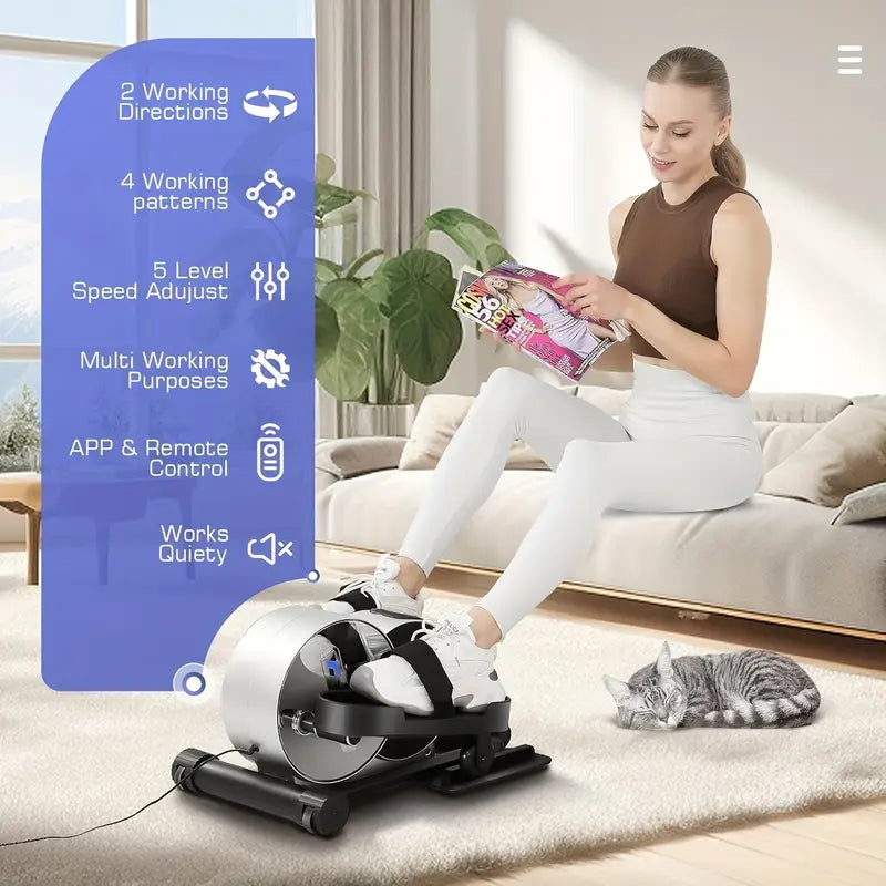 Woman using a compact leg exerciser pedal machine while reading on the sofa at home